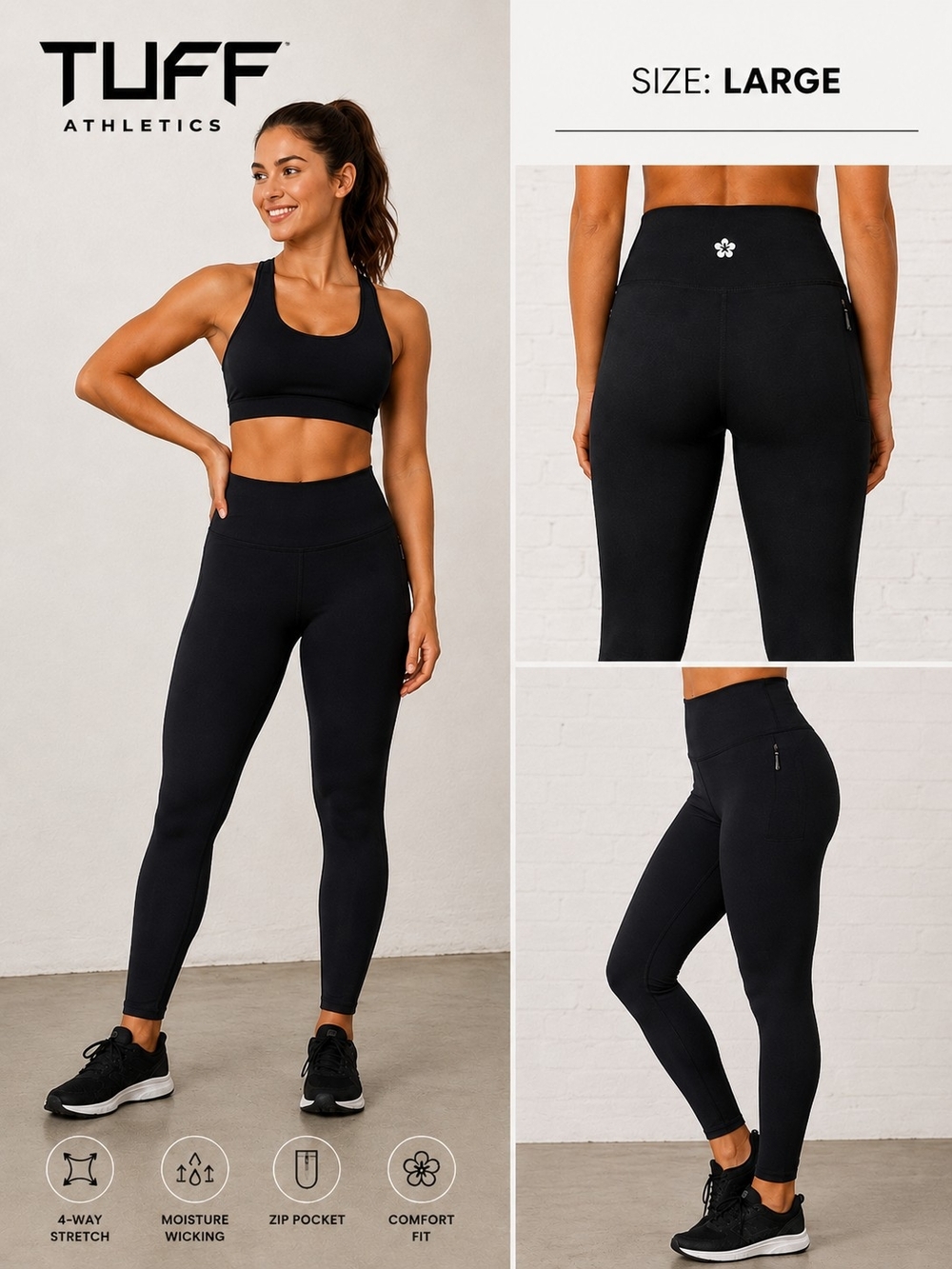 Tuff Athletics Leggings Black High Rise Zip Pocket Yoga Workout Size Large